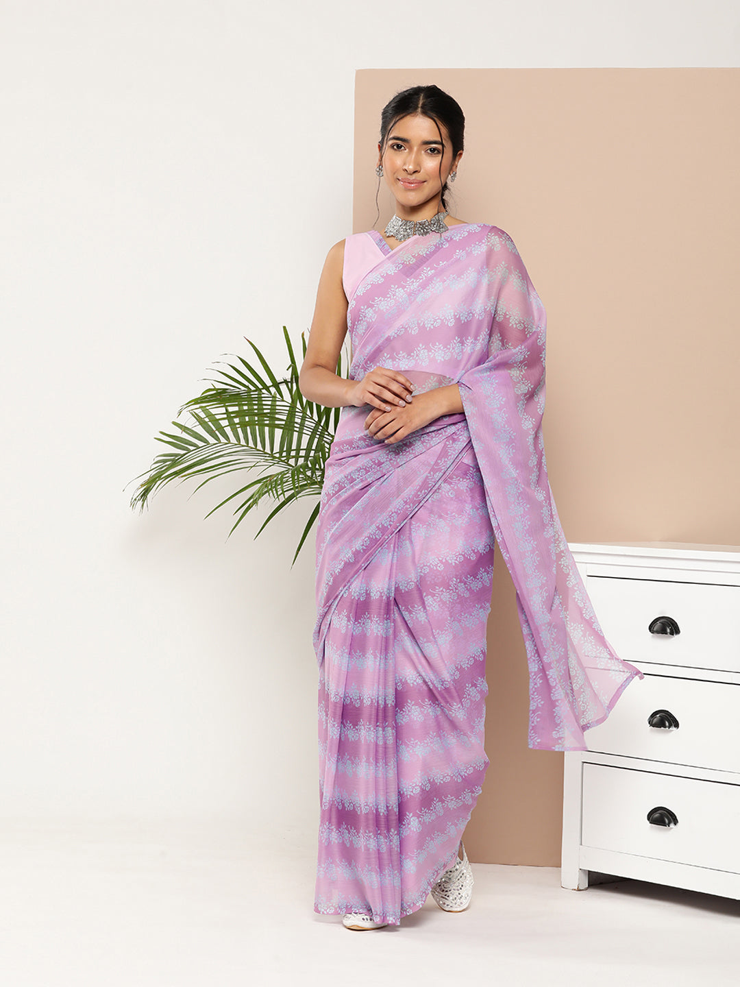 Purple Chiffon Printed Saree