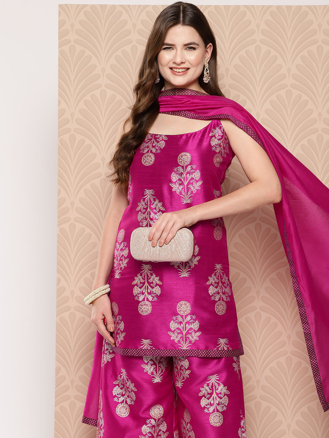 Pink Printed Kurti with Palazzos & With Dupatta