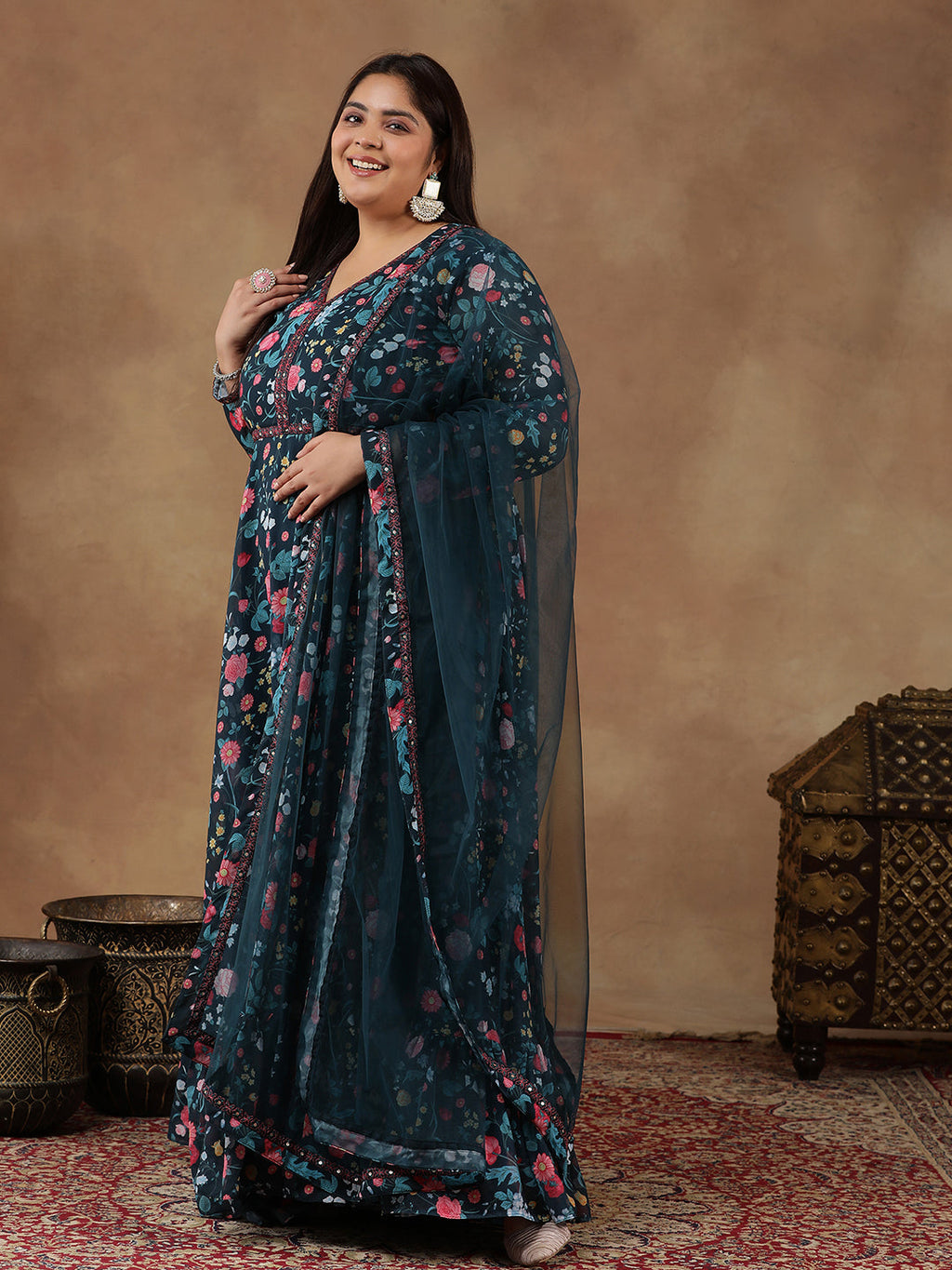 Plus Size Floral Printed Long Sleeves Georgette Anarkali Kurta With Dupatta - ID