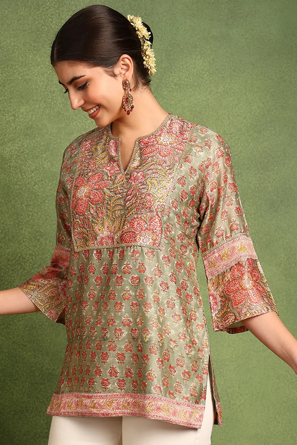 Green Hand Block Printed Chanderi Silk Tunic