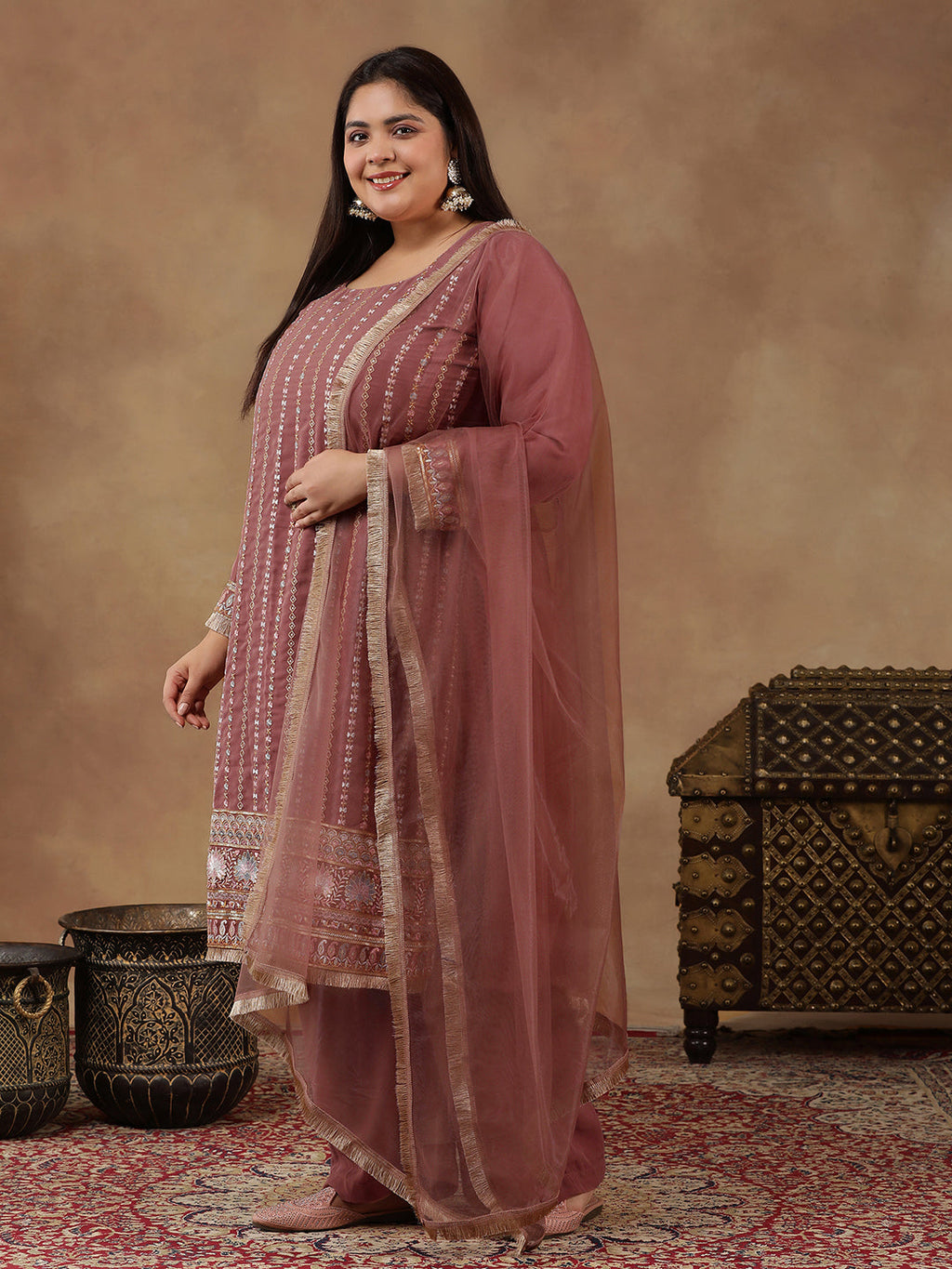 Women Ethnic Motifs Embroidered Regular Thread Work Kurta with Palazzos & With Dupatta - ID