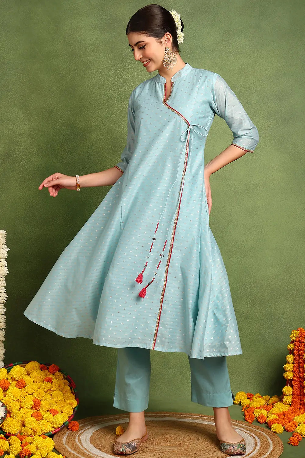 Blue Khari Printed Chanderi Silk Angrakha Kurta