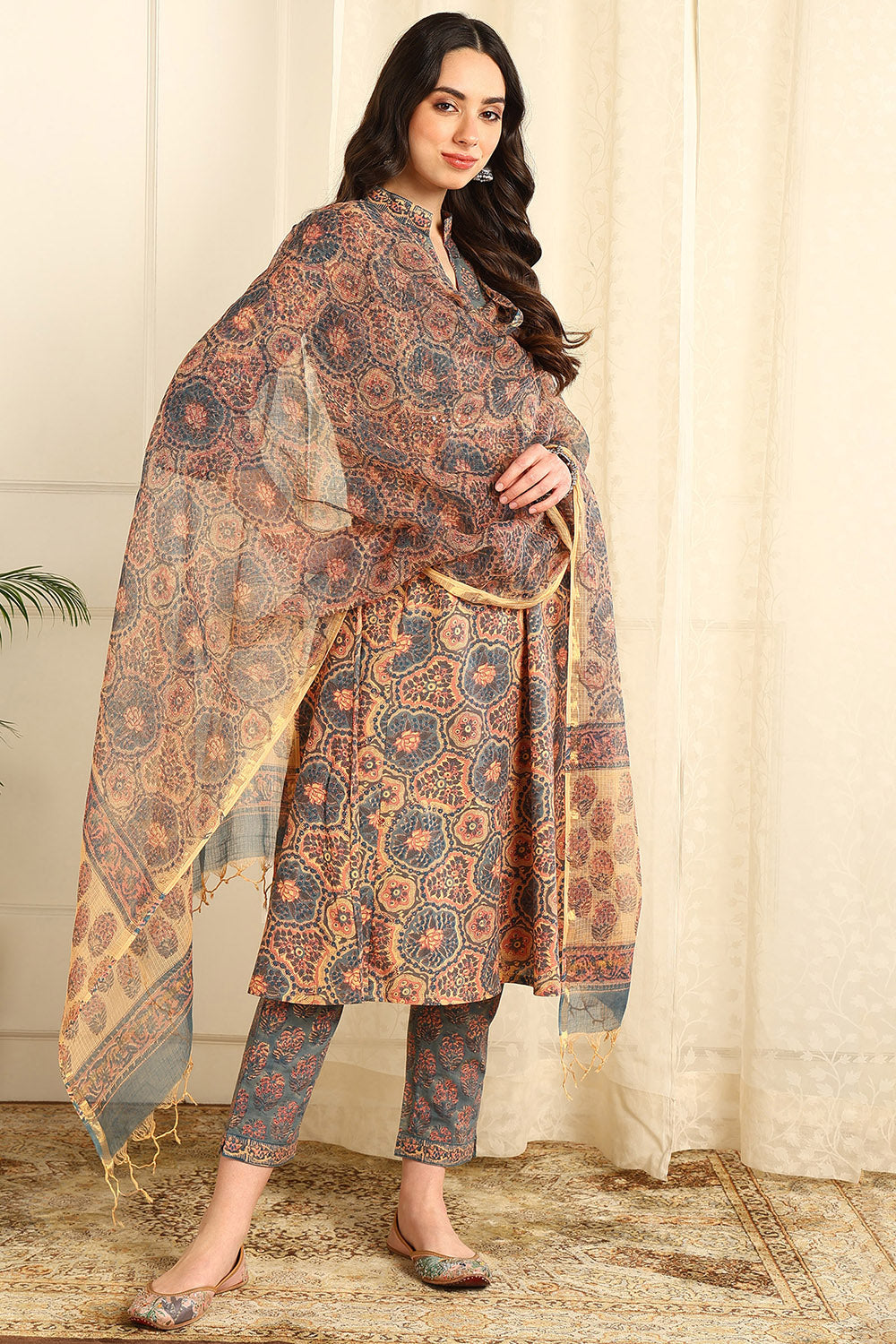 Powder Blue/Beige Kota Doria Dupatta