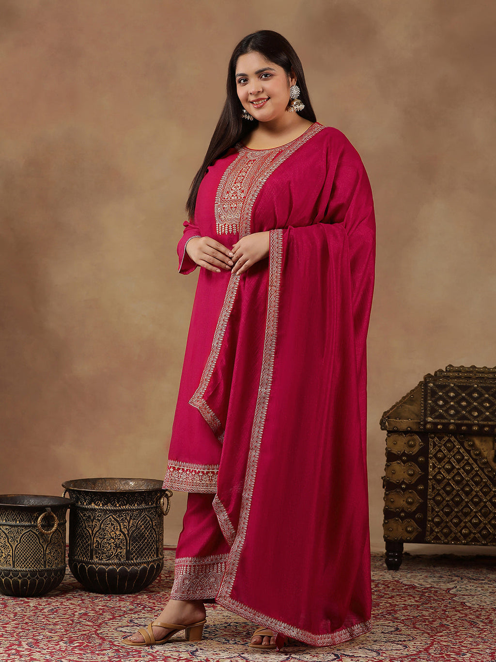 Plus Size Ethnic Motifs Embroidered Thread Work Kurta Trousers & With Dupatta - ID