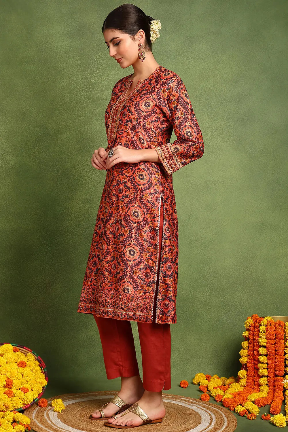 Rust Chanderi Silk Kurta