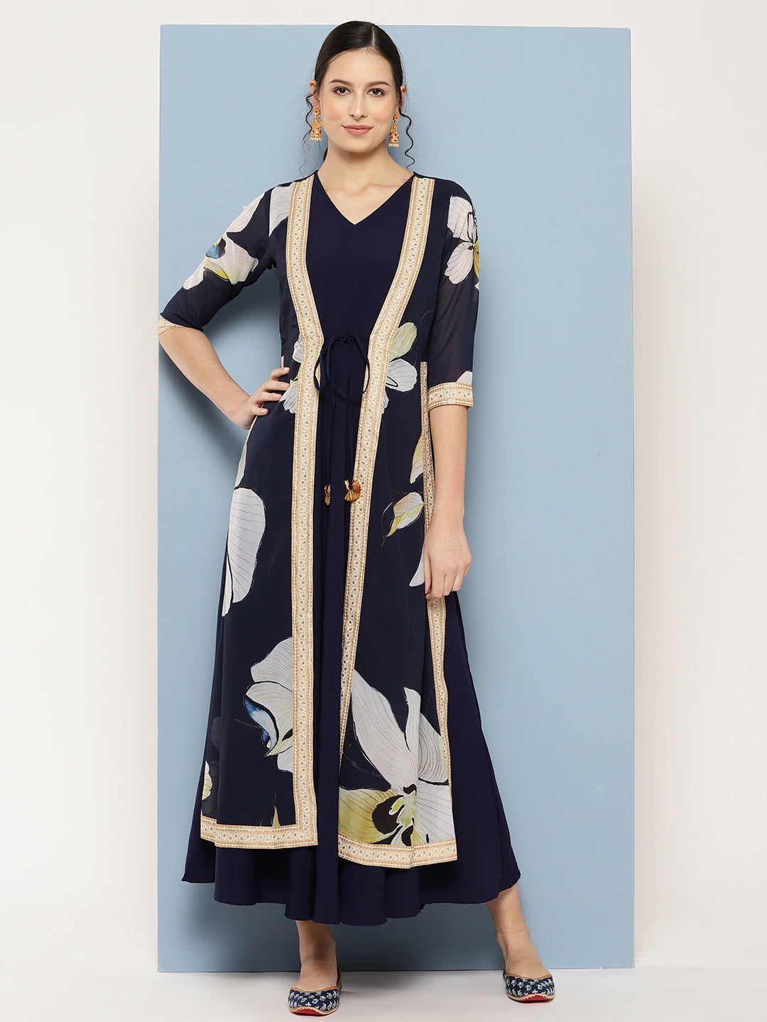 Navy Blue Floral Printed Layered Maxi Ethnic Dress