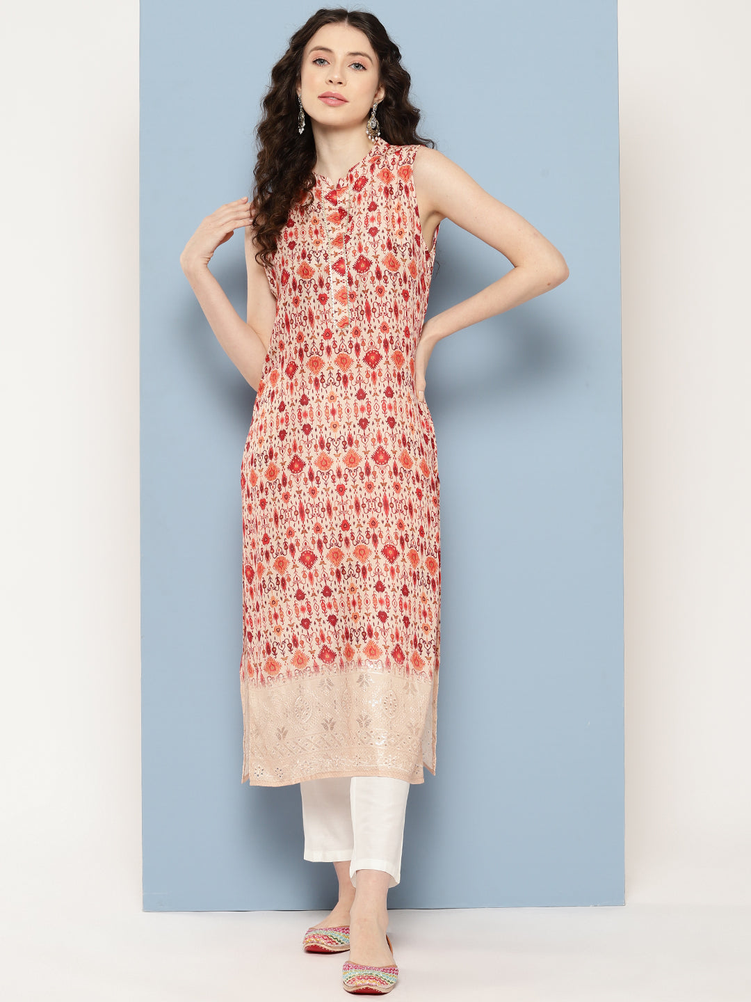 Beige & Maroon Printed Gotta Patti Kurta