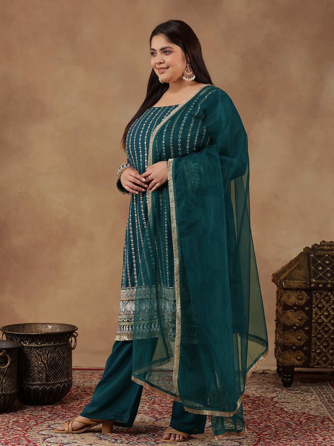 Women Ethnic Motifs Embroidered Regular Thread Work Kurta with Palazzos & With Dupatta - ID