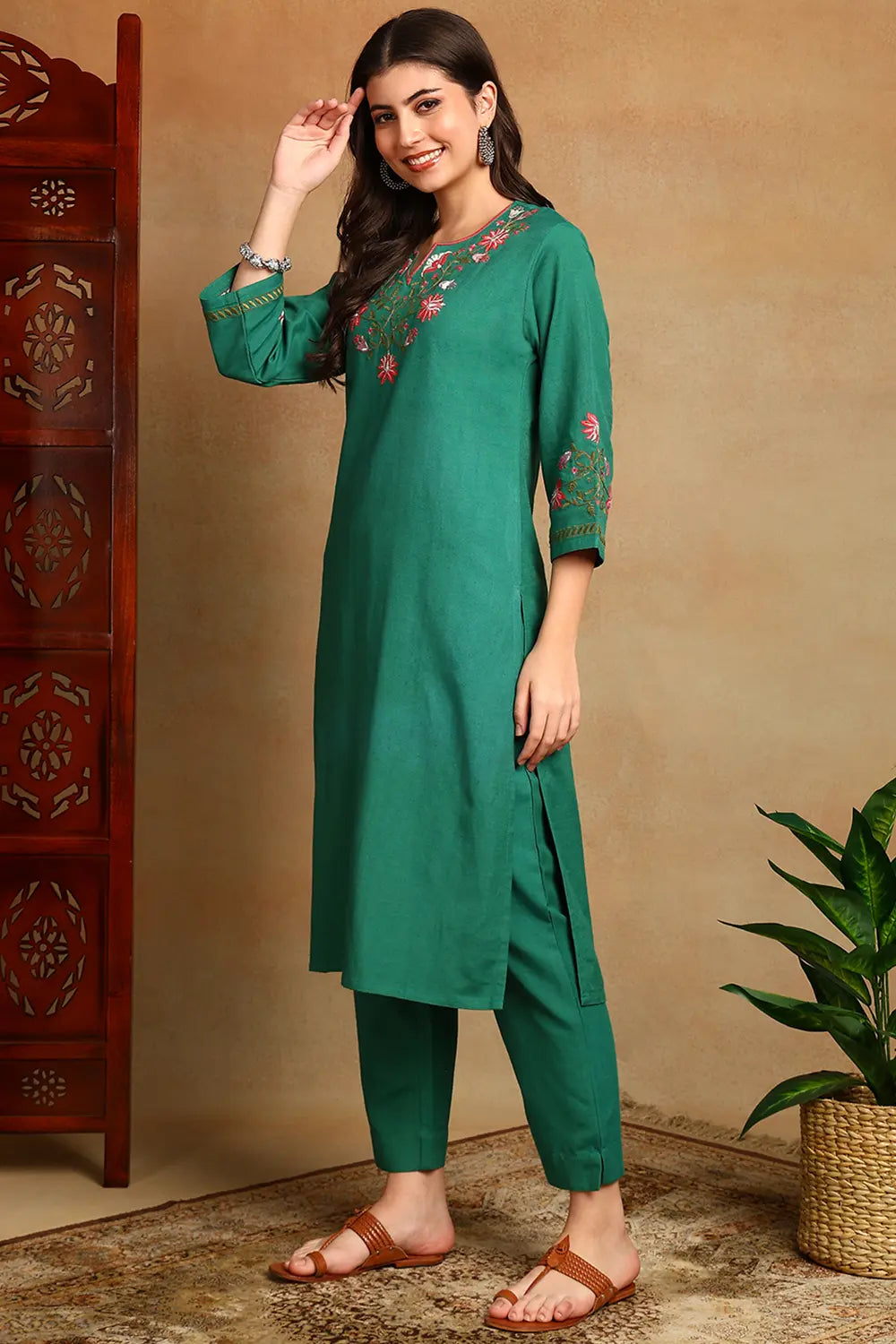 Green Embroidered Flax Linen Kurta