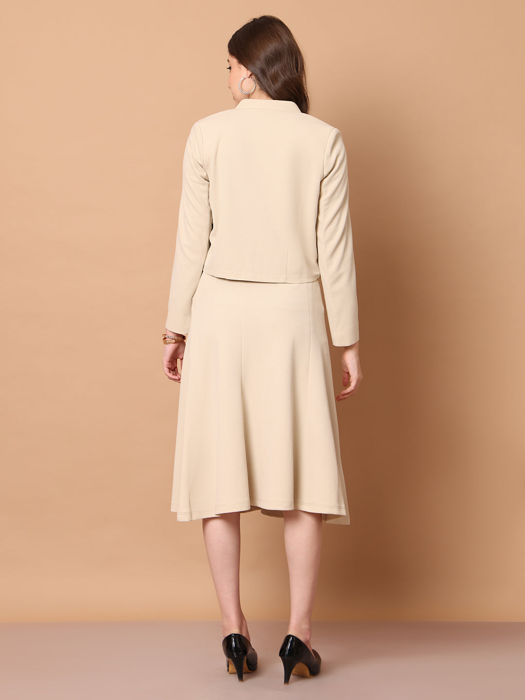 Exude Exuberant Mandarin Collar Blazer with Midi A-line Skirt