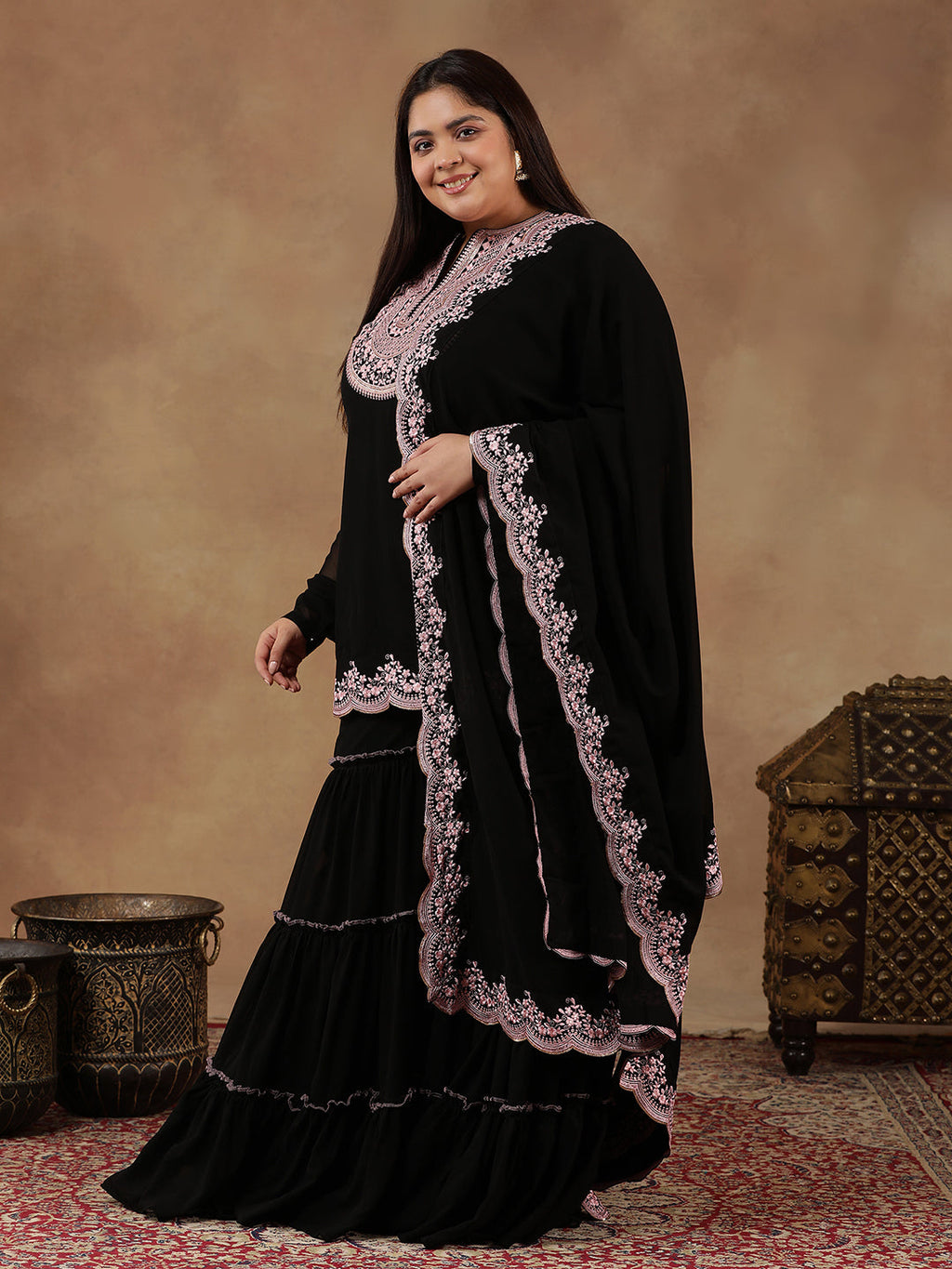Plus Size Floral Embroidered Thread Work Kurta With Sharara & Dupatta - ID
