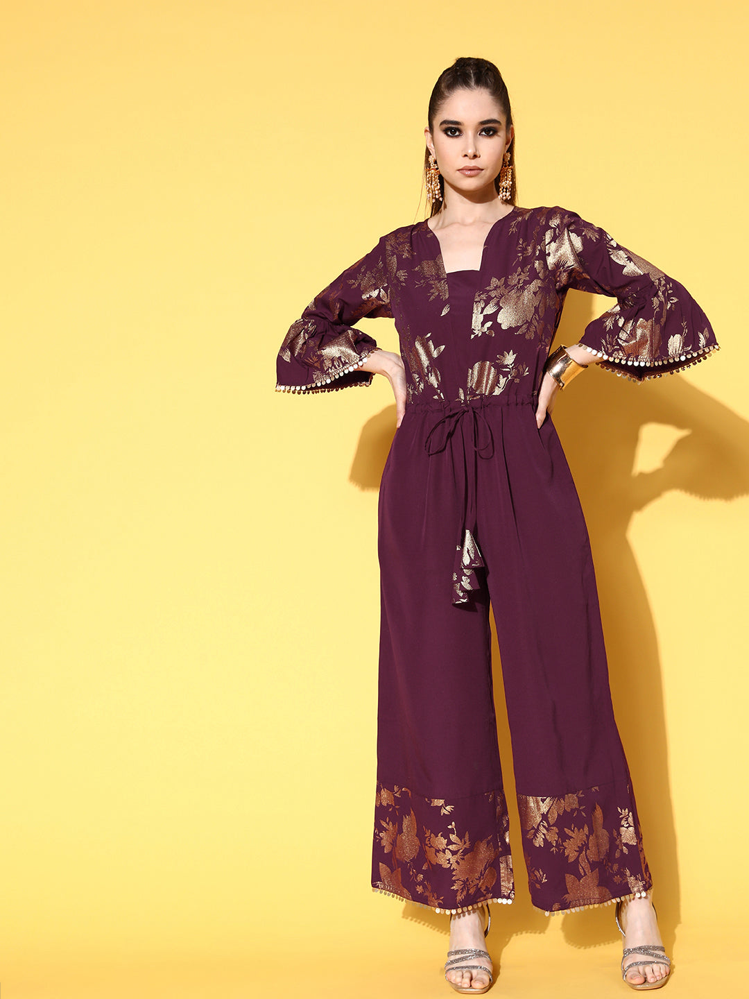 Burgundy & Gold-Toned Printed Ethnic Jumpsuit With Waist Tie-Ups