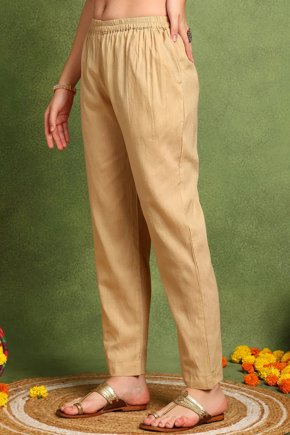 Beige Cotton Silk Farsi Pants