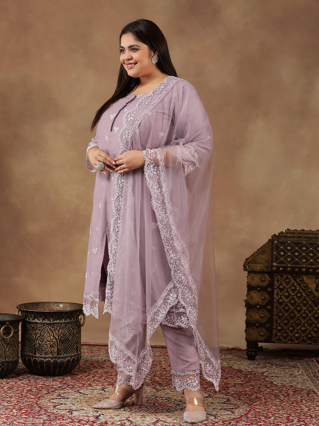 Plus Size Floral Embroidered Thread Work A-Line Kurta With Trousers & Dupatta - ID