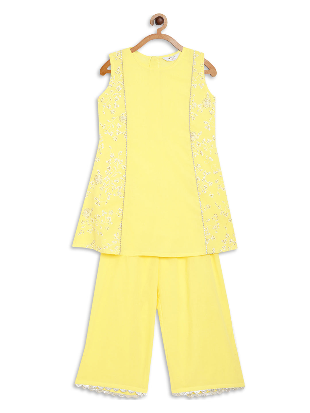 Yellow Floral Printed Gotta Patti Pure Cotton Girls Kurta with Palazzos