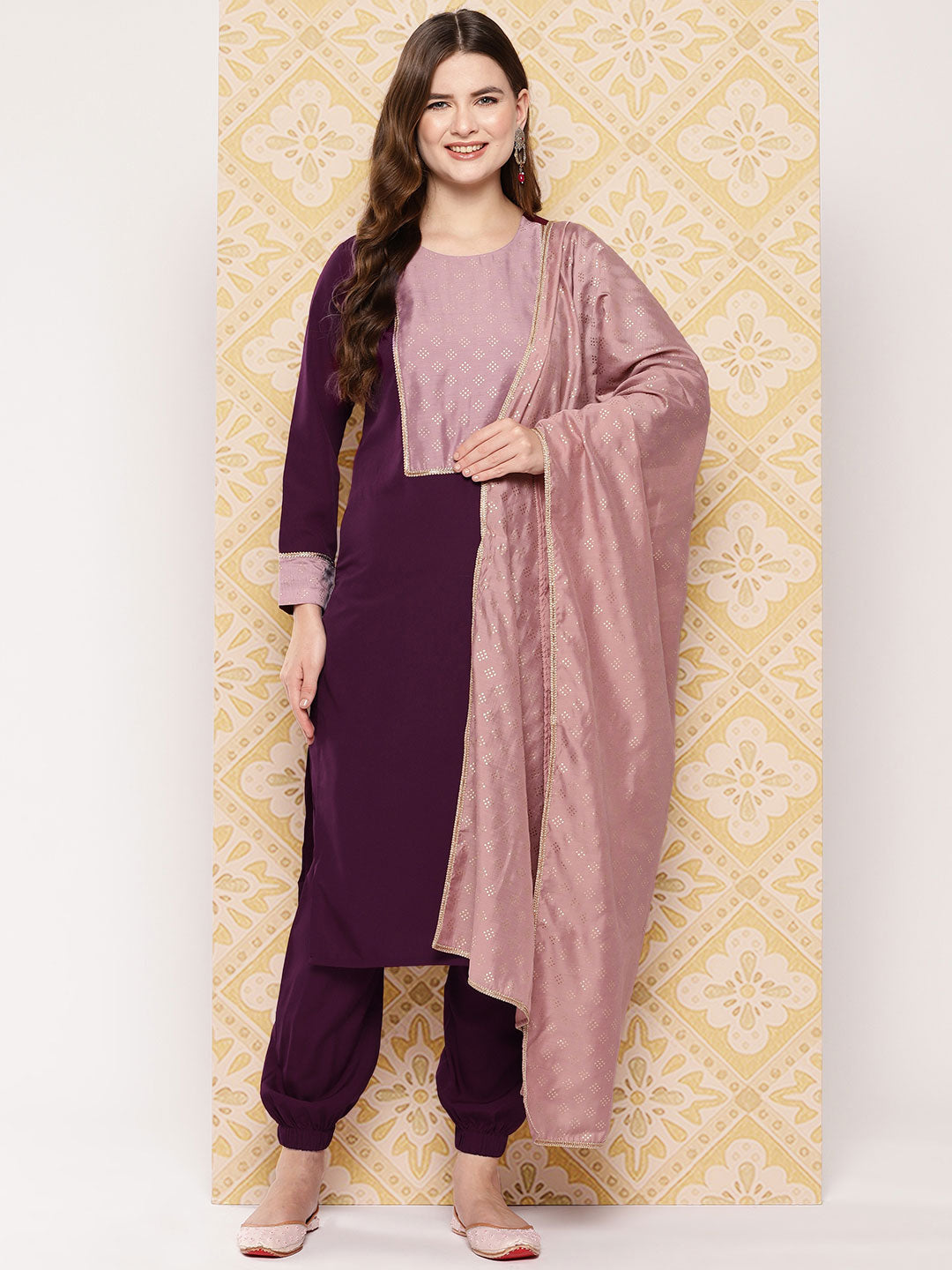 Burgundy Yoke Design Kurta with Trousers & With Dupatta