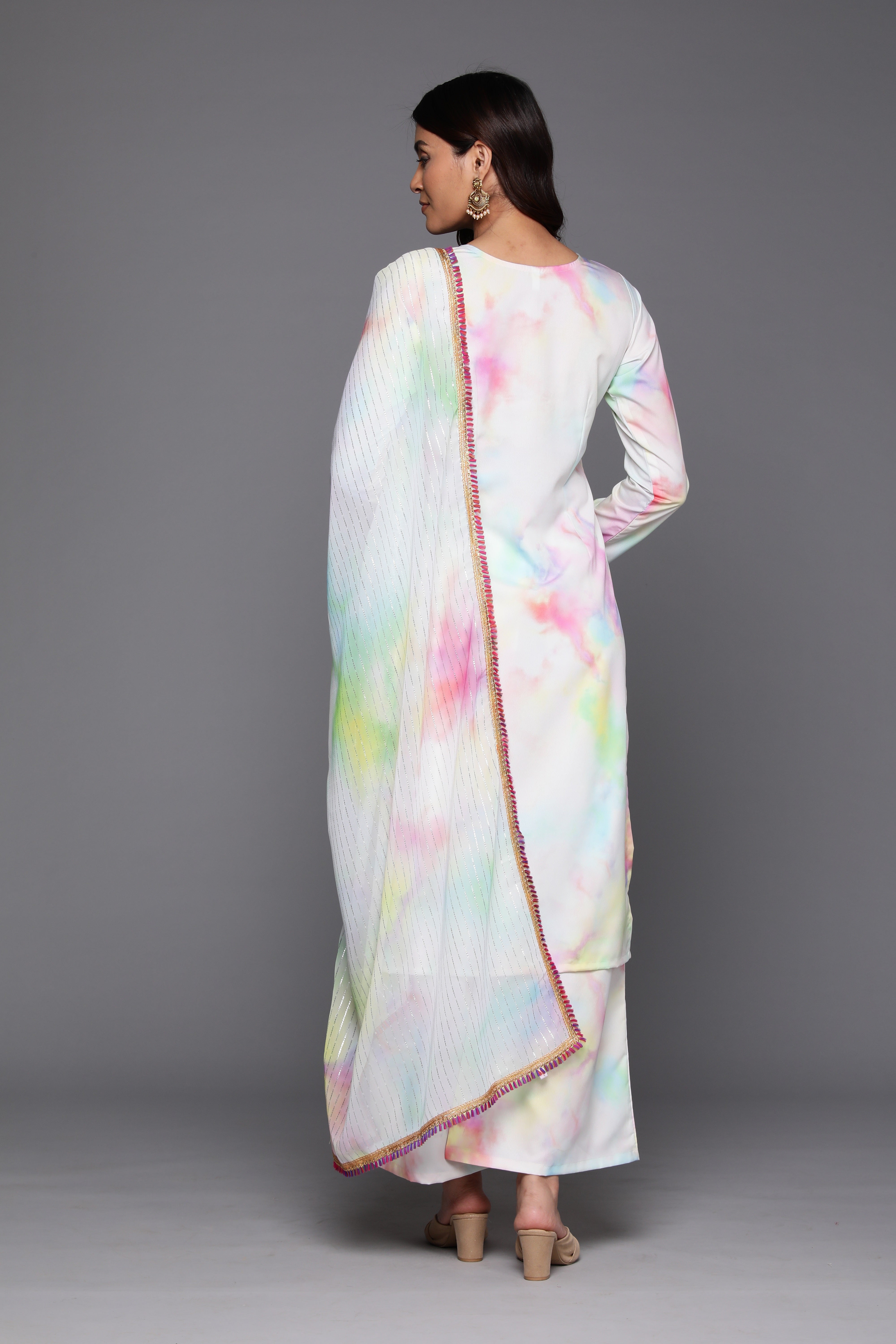 Tie and Dye Printed Gotta Patti Straight Kurta With Palazzos & Dupatta