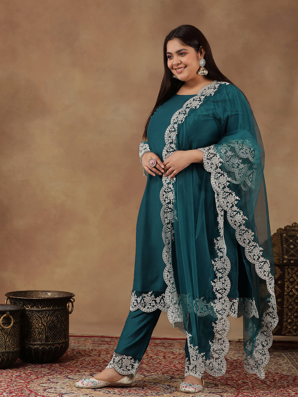 Plus Size Embroidered Thread Work Straight Kurta With Trousers & Dupatta - ID