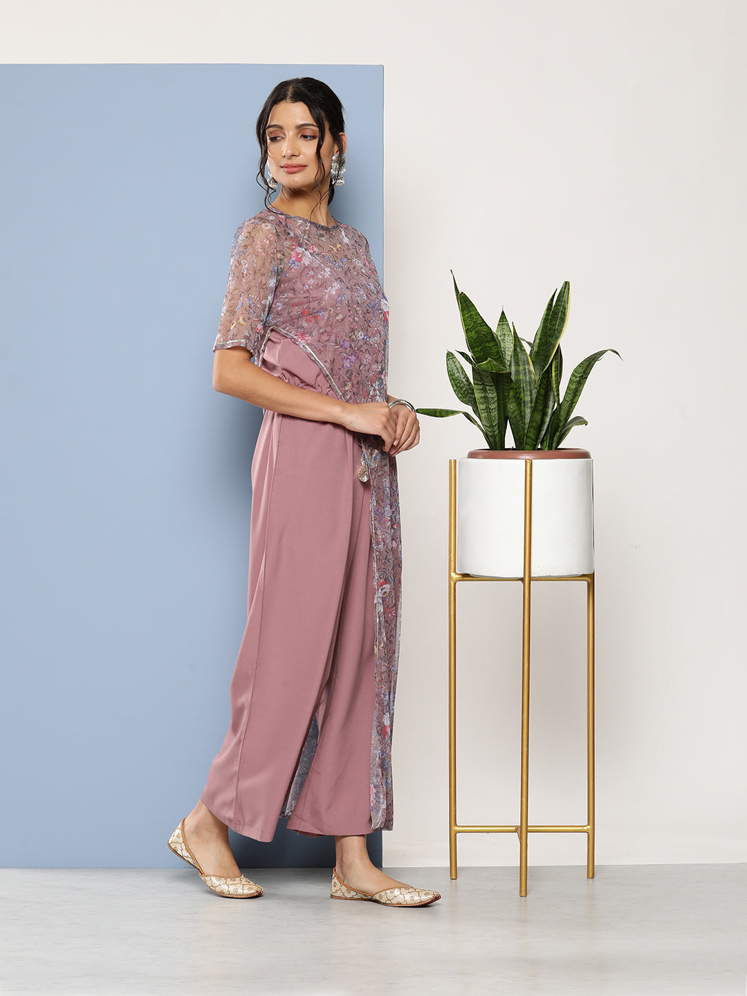 Mauve Floral Printed Waist Tie-Ups Jumpsuit