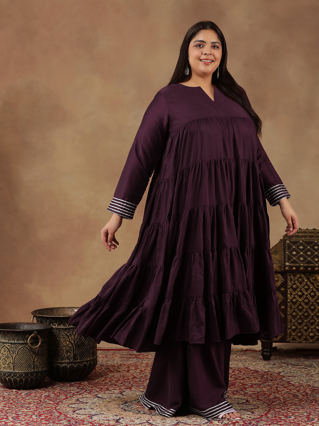 Purple Women Tiered Gotta Patti Kurta with Sharara - ID