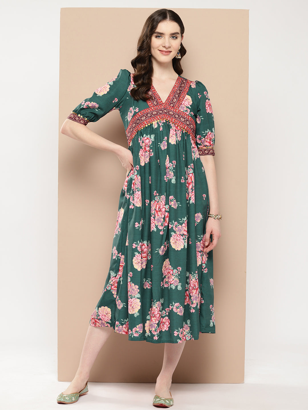Green Floral Printed Empire Ethnic Dress-AH