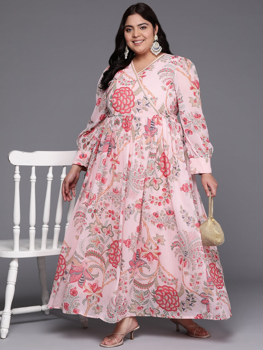 Plus Size Floral Printed Wrap Maxi Ethnic Dress-AH