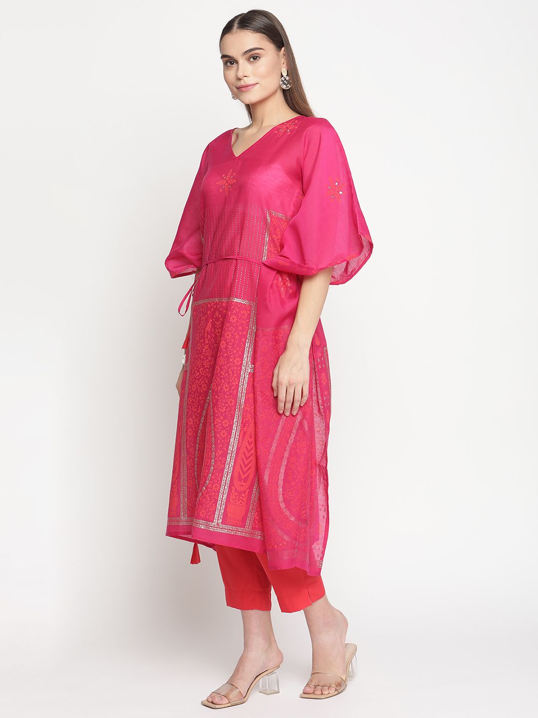 Pink Chanderi Khari Print Kaftan with Trouser