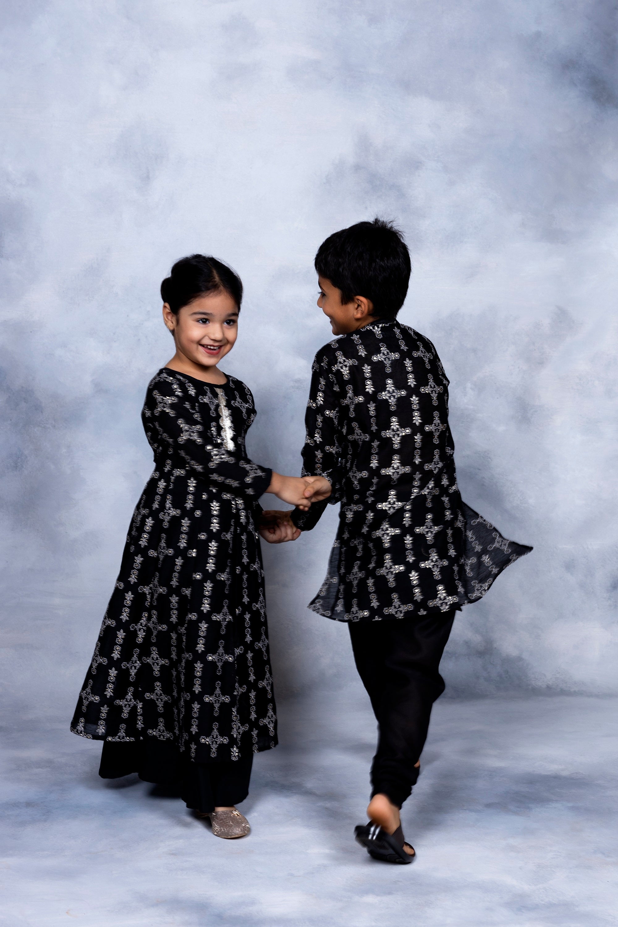 Black Chanderi Gold Foil Printed Girls Dress