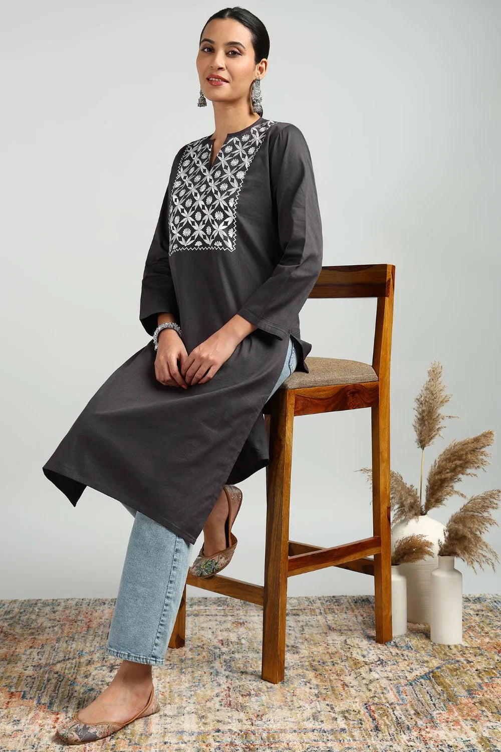 Grey Denim Embroidered Kurta