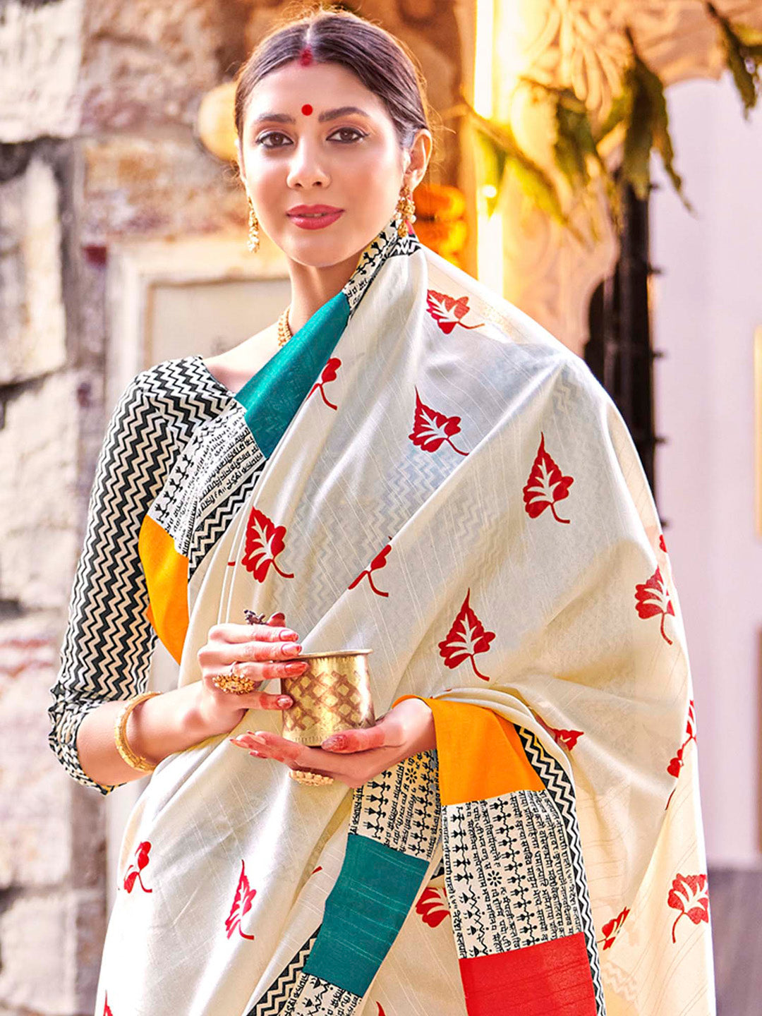 Bhagalpuri Silk Cream Printed Designer Saree With Blouse