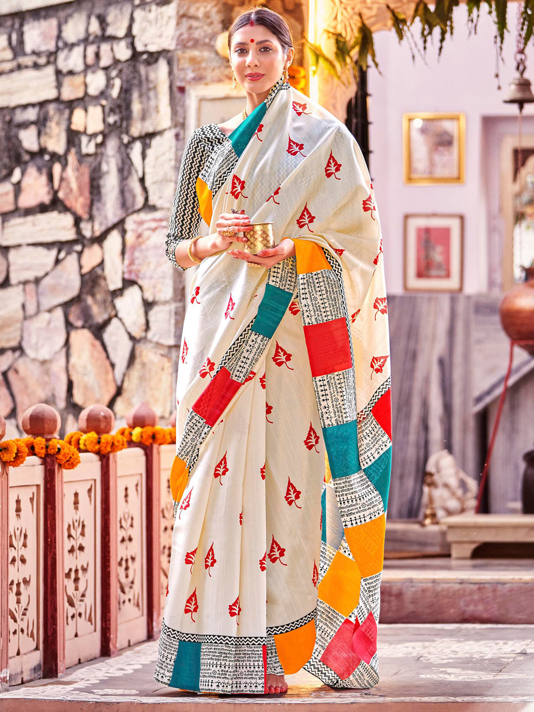 Bhagalpuri Silk Cream Printed Designer Saree With Blouse