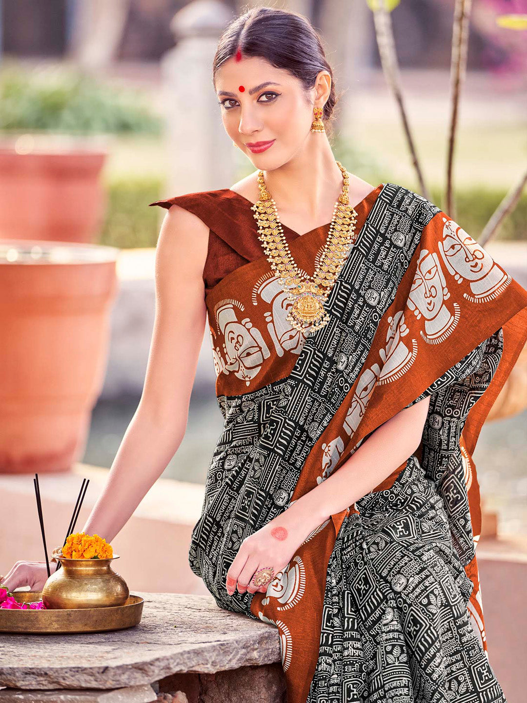 Bhagalpuri Silk Black Printed Designer Saree With Blouse