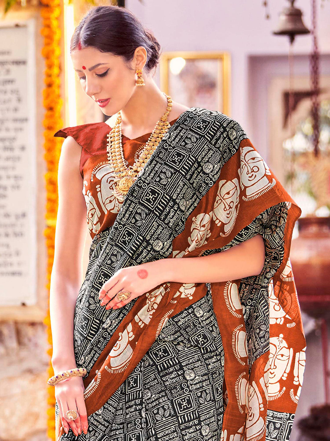 Bhagalpuri Silk Black Printed Designer Saree With Blouse