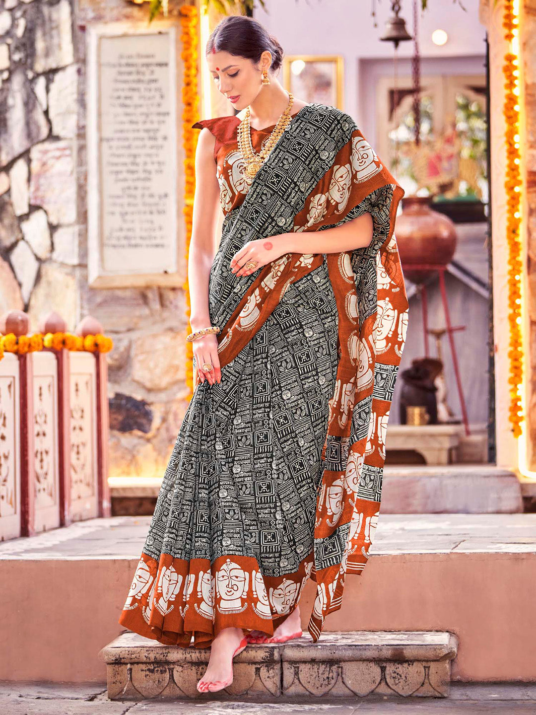 Bhagalpuri Silk Black Printed Designer Saree With Blouse