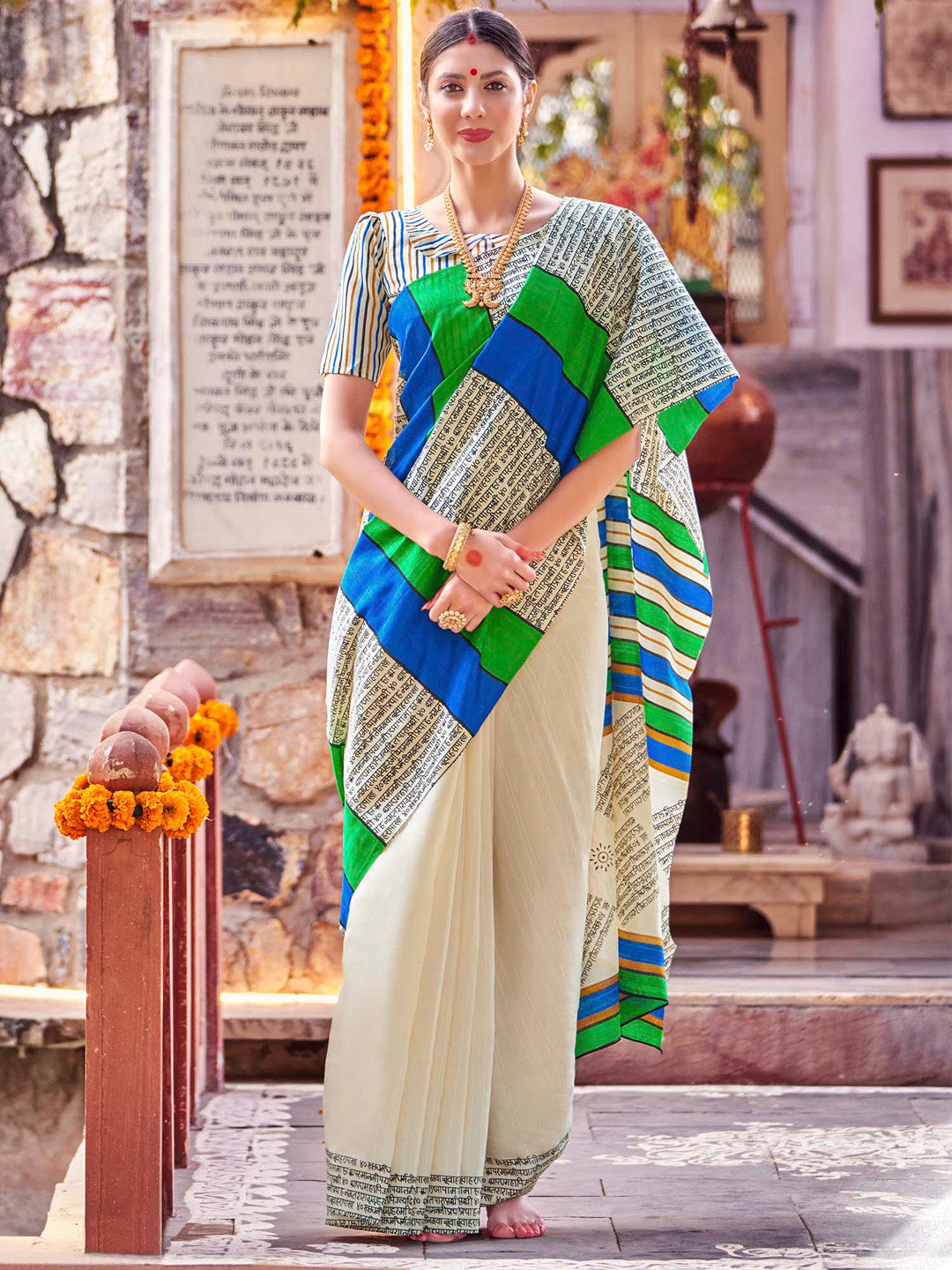 Bhagalpuri Silk Cream Printed Designer Saree With Blouse