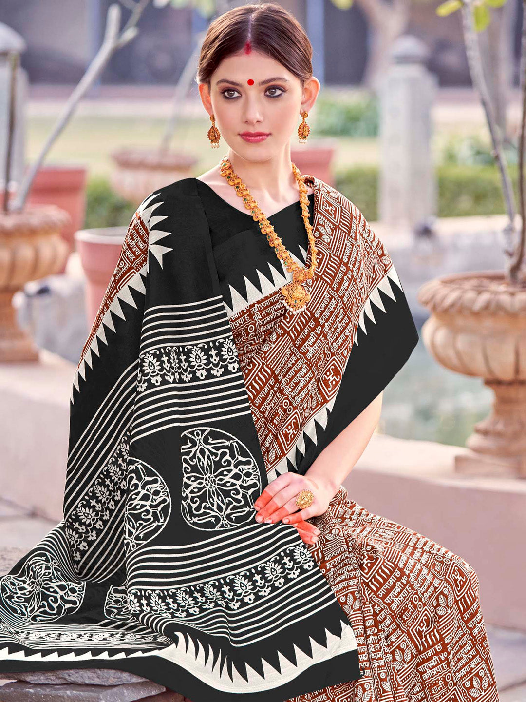 Bhagalpuri Silk Brown Printed Designer Saree With Blouse