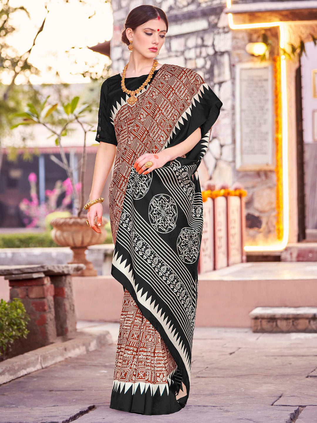 Bhagalpuri Silk Brown Printed Designer Saree With Blouse