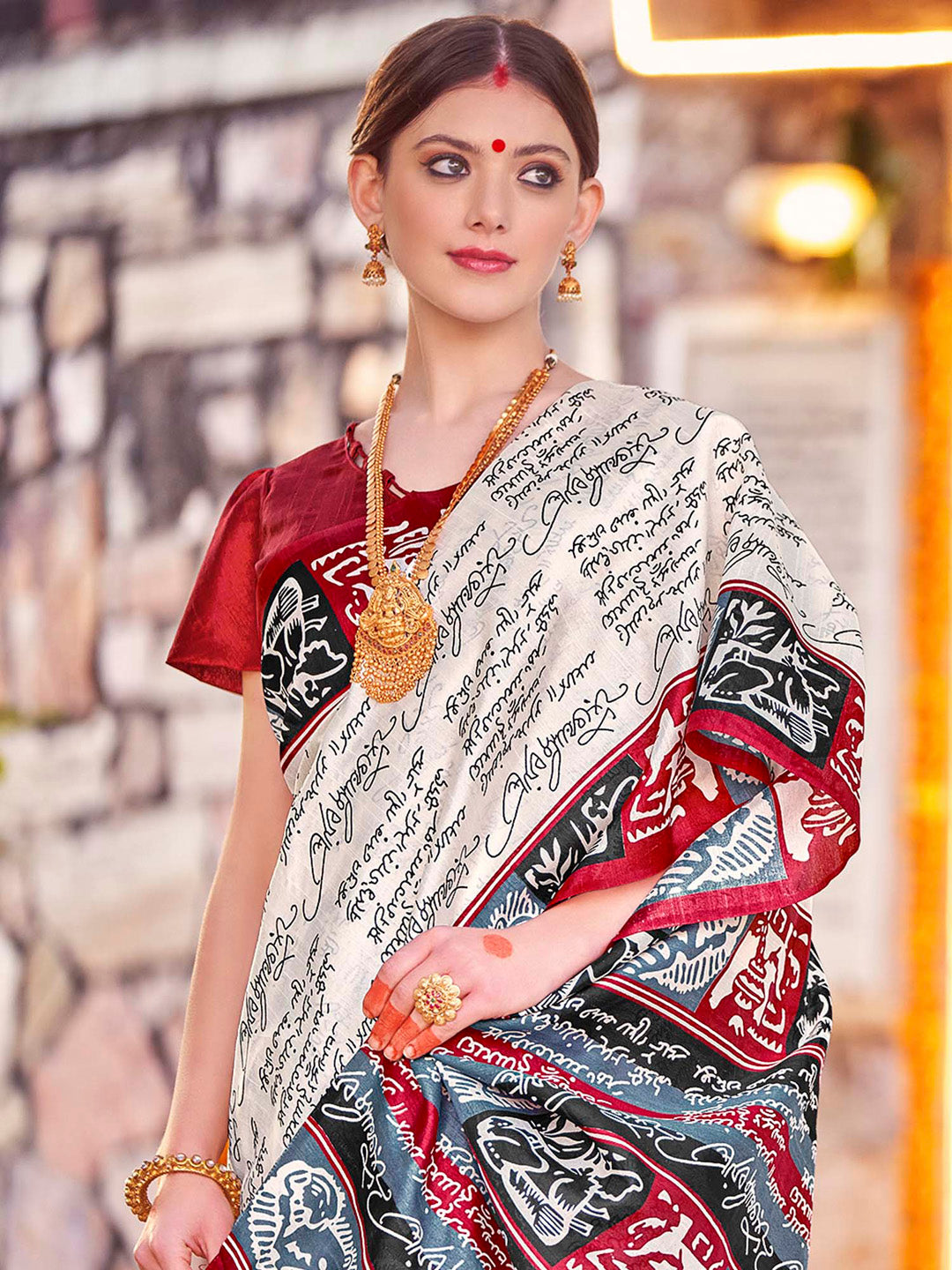 Bhagalpuri Silk Off White Printed Designer Saree With Blouse