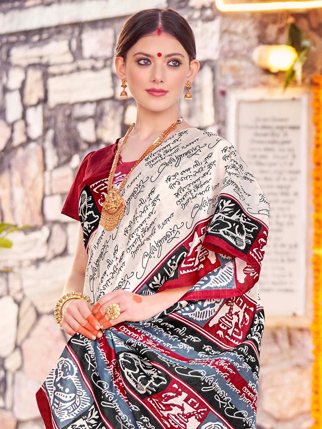 Bhagalpuri Silk Off White Printed Designer Saree With Blouse