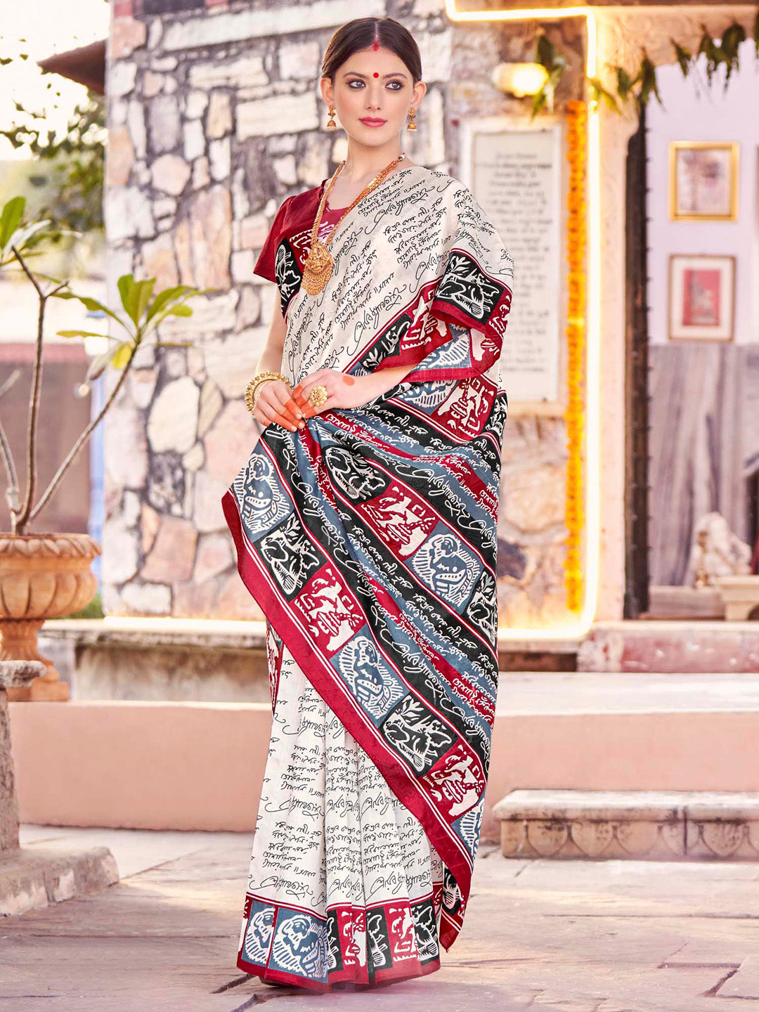 Bhagalpuri Silk Off White Printed Designer Saree With Blouse