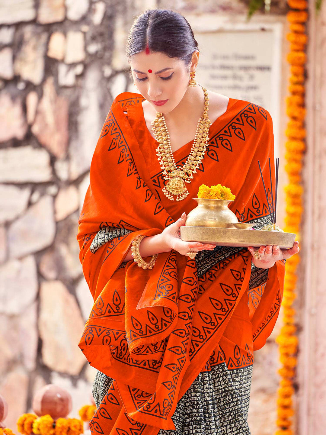 Bhagalpuri Silk Orange Printed Designer Saree With Blouse