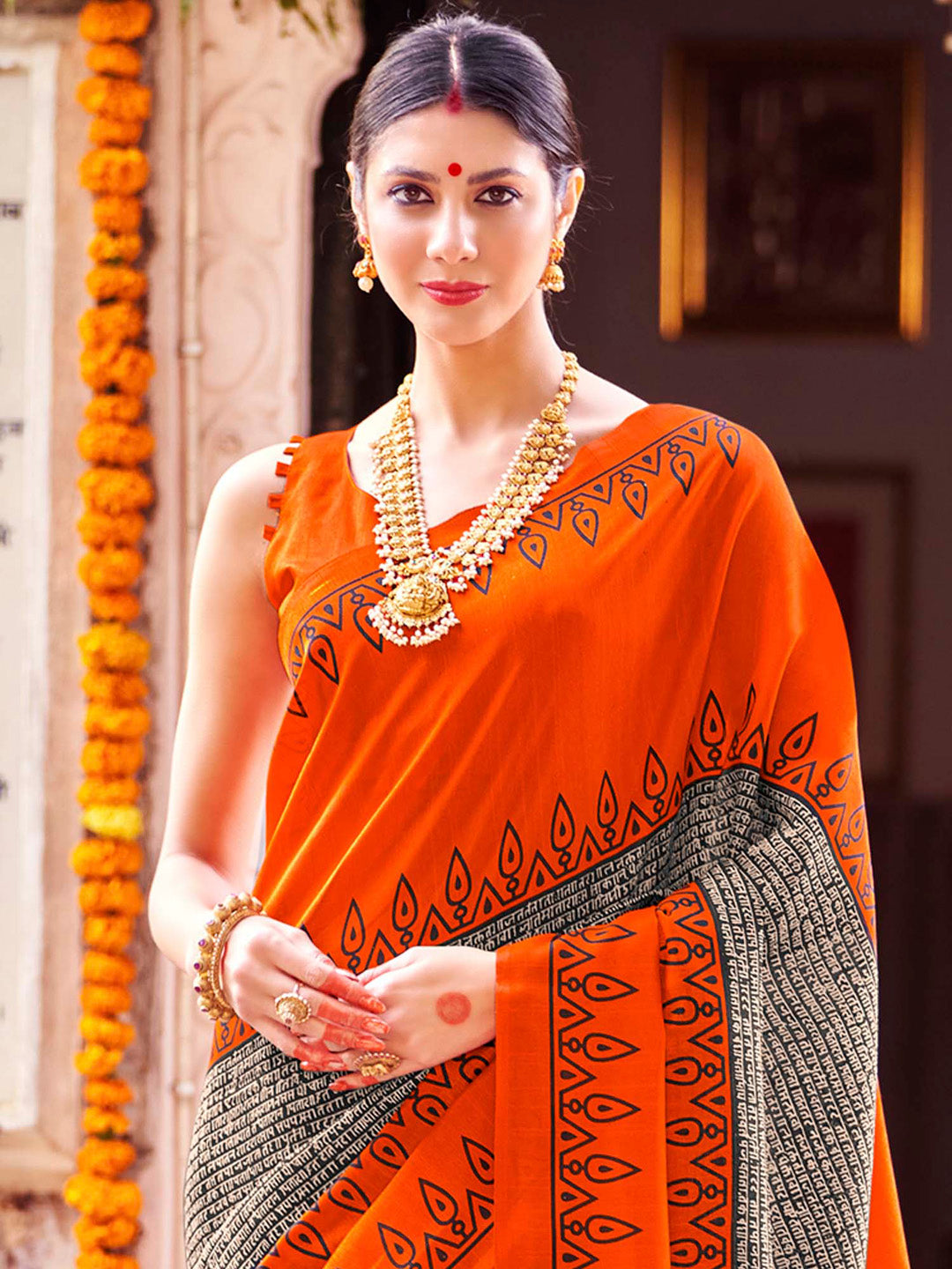 Bhagalpuri Silk Orange Printed Designer Saree With Blouse