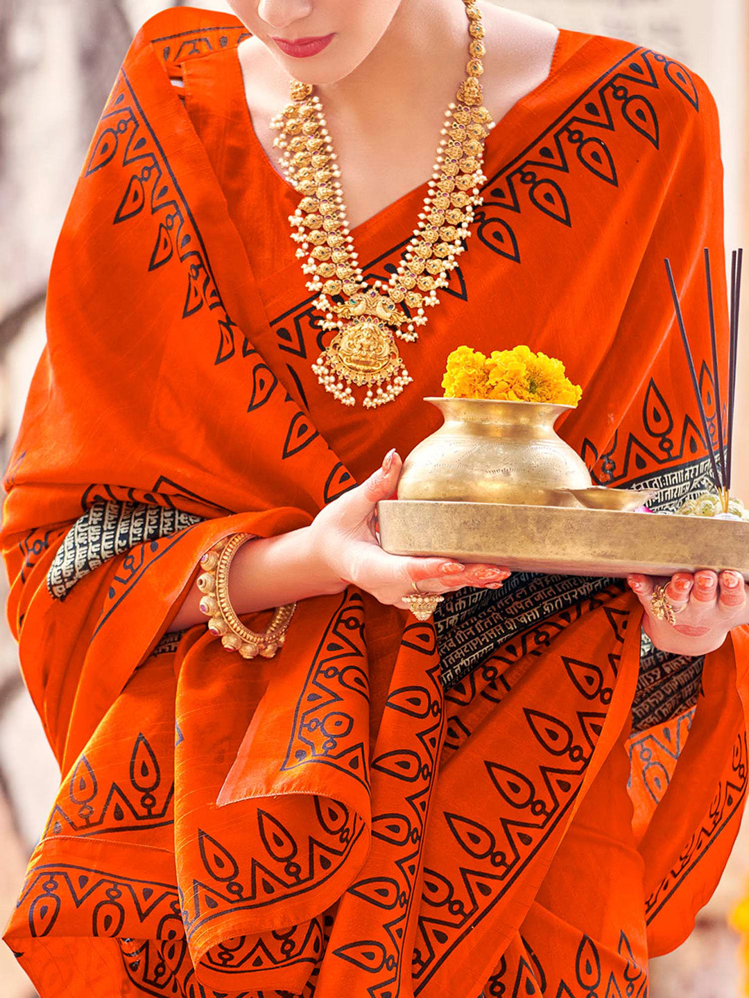 Bhagalpuri Silk Orange Printed Designer Saree With Blouse