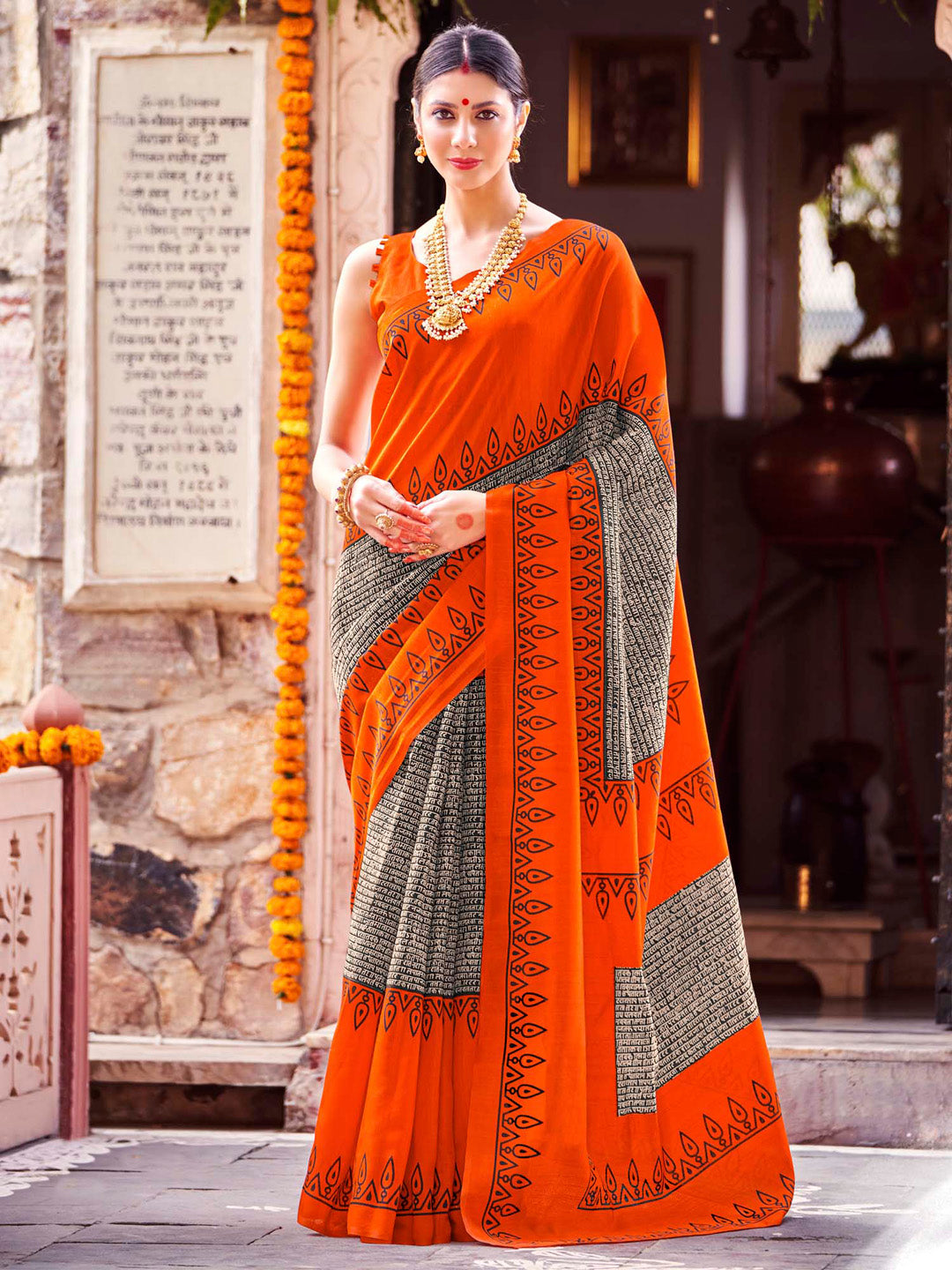 Bhagalpuri Silk Orange Printed Designer Saree With Blouse