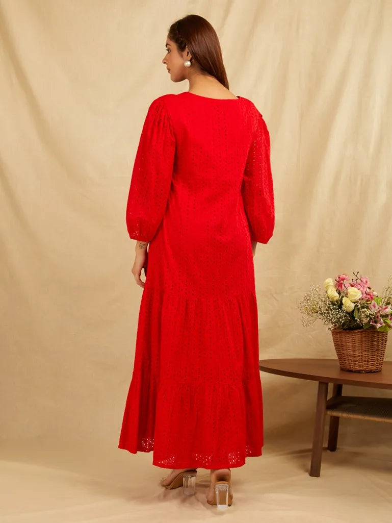 Red Embroidered Cotton Dress