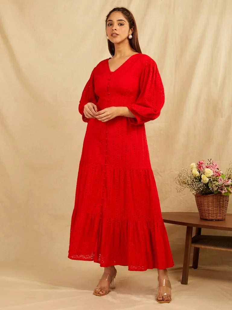 Red Embroidered Cotton Dress