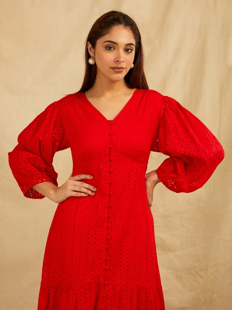 Red Embroidered Cotton Dress