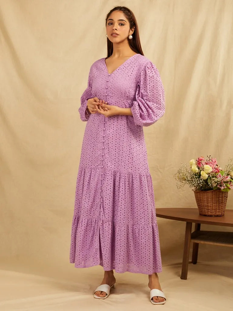 Lilac Embroidered Cotton Dress