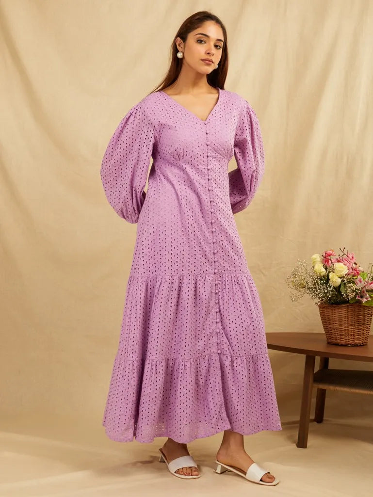 Lilac Embroidered Cotton Dress