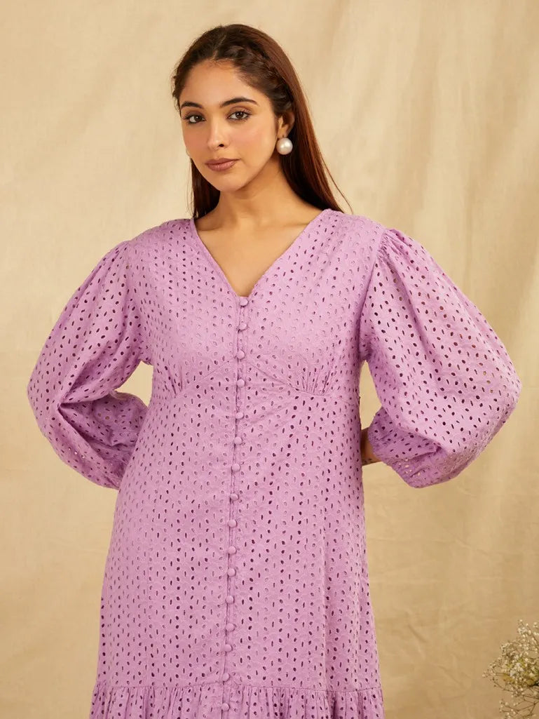 Lilac Embroidered Cotton Dress